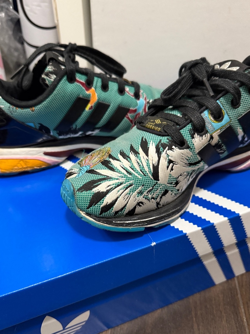 adidas by Mary Katrantzou Teal Floral Print Women's Sneakers with Black Stripes